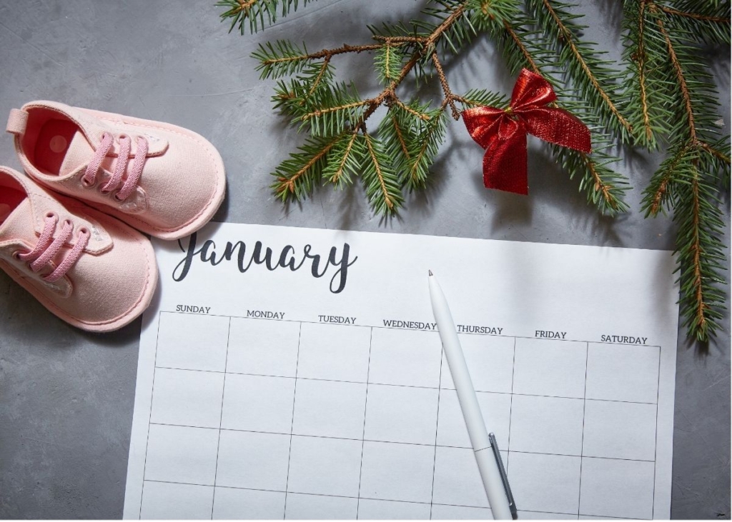 Christmas pregnancy announcement with a calendar, baby shoes, and fir tree branches.