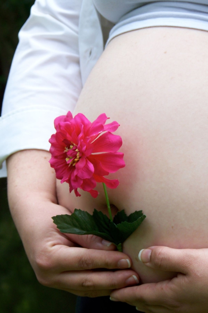 A woman holds a pink flower in front of he pregnant belly.
