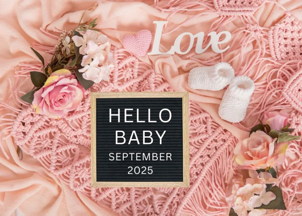 Flat lay Valentine's Day baby announcement with a letterboard and baby booties.