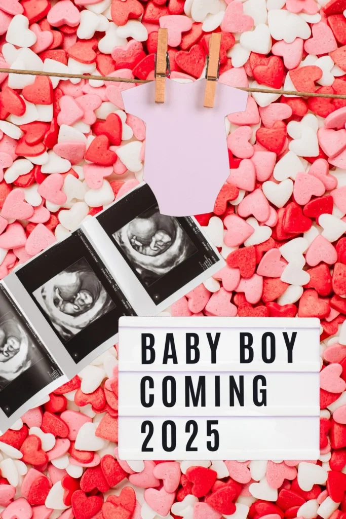 Valentine's Day baby announcement with a letterboard, ultrasound and confetti hearts.
