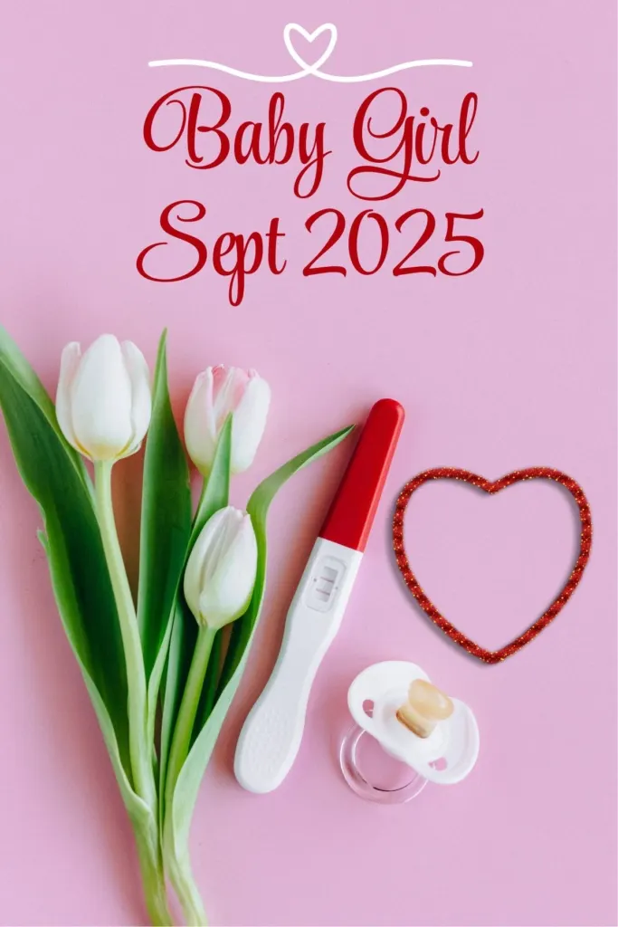 Valentine's Day baby announcement with a pregnancy test, pacifier, tulips, and a heart.