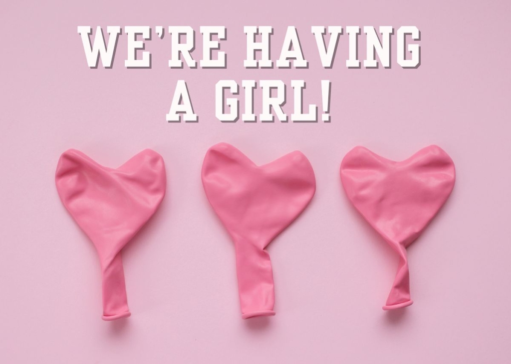 It's a girl Valentine's Day gender reveal graphic with heart-shaped balloons.