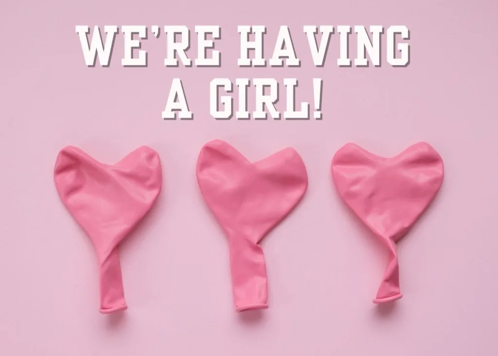 It's a girl Valentine's Day gender reveal graphic with heart-shaped balloons.