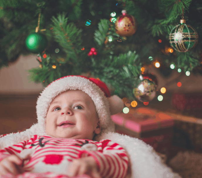 Baby in a basket under the Christmas tree.