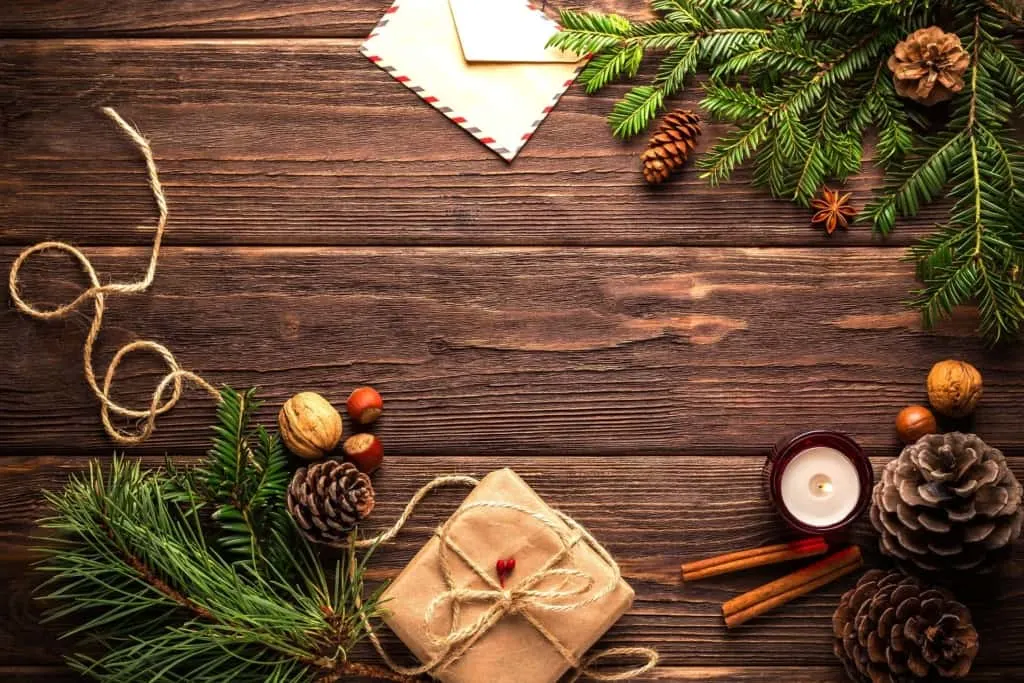 Staged, assorted Christmas decorations.