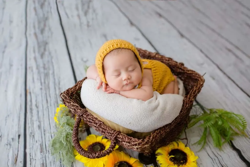 Hippie baby in basket with sunflowers.