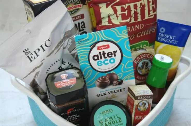 A gift basket for mean with snacks and treats.