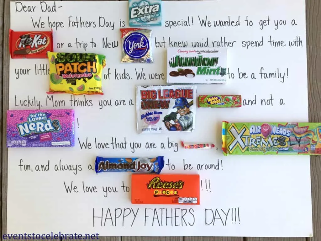 A Father's Day poster using candy bars in sentences about a dad.