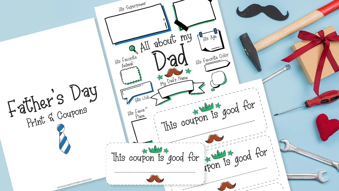 Printables for a Father's Day worksheet and coupons.