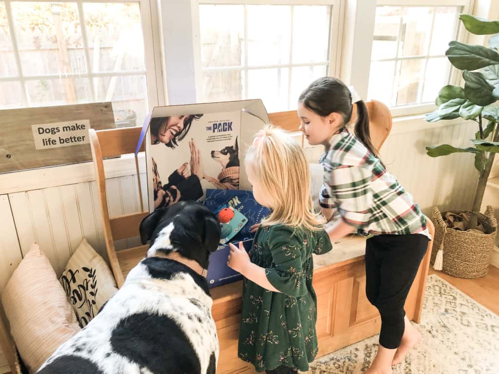 two girls and a dog with an amazon the pack on prime marketing box