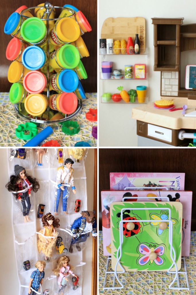 Collage of DIY toy storage ideas for play dough, play food, barbies, and books.