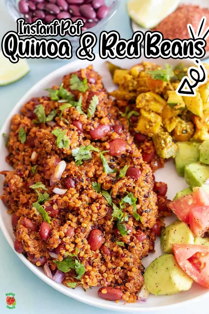 Quinoa and red beans dish on a white plate with green garnish on top and sides.