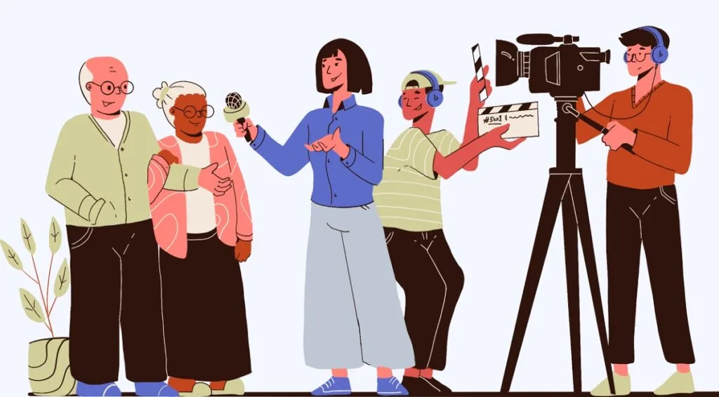 Drawing of family capturing family stories with video camera.