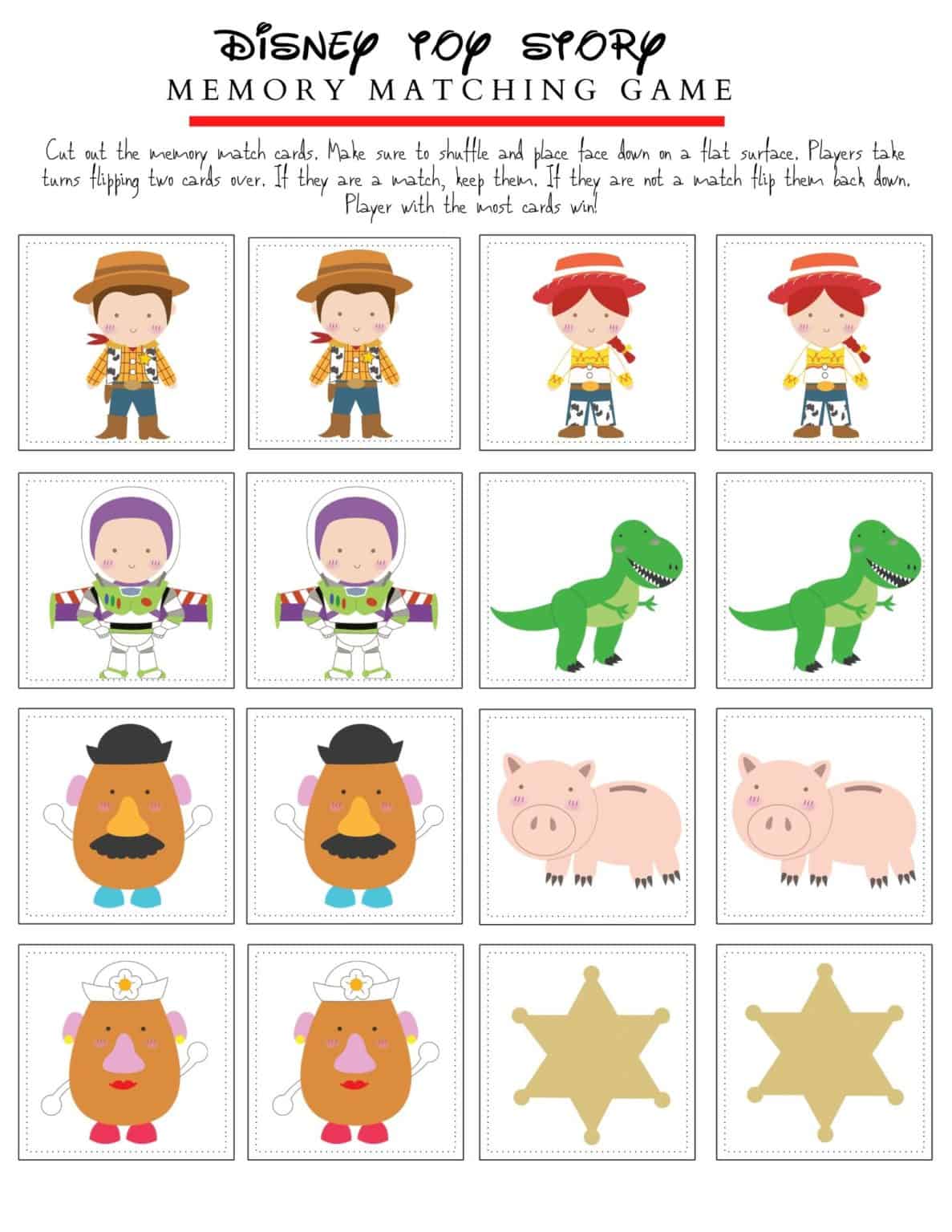 Free printable Toy Story-themed memory game.