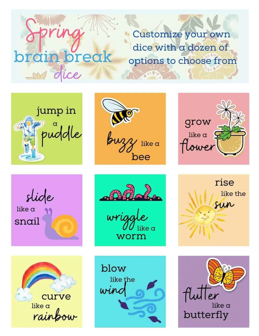 Image graphic for free printable brain break dice game.