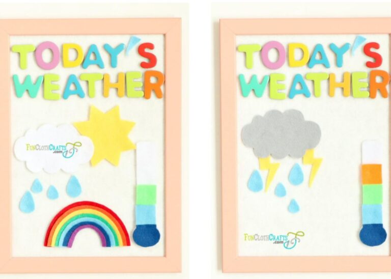 Felt board with today's weather and a sun, clouds, rain, and rainbow.