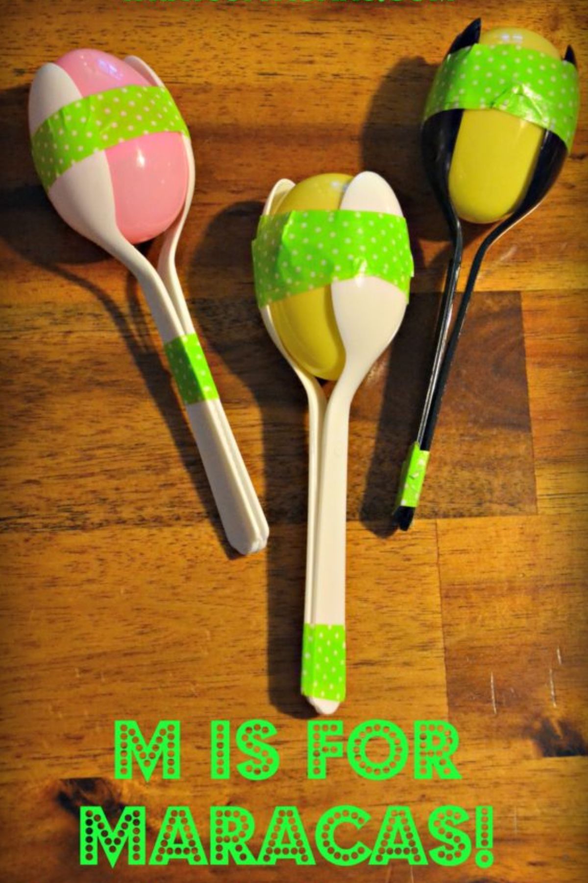Homemade maracas made from plastic spoons and Easter eggs.