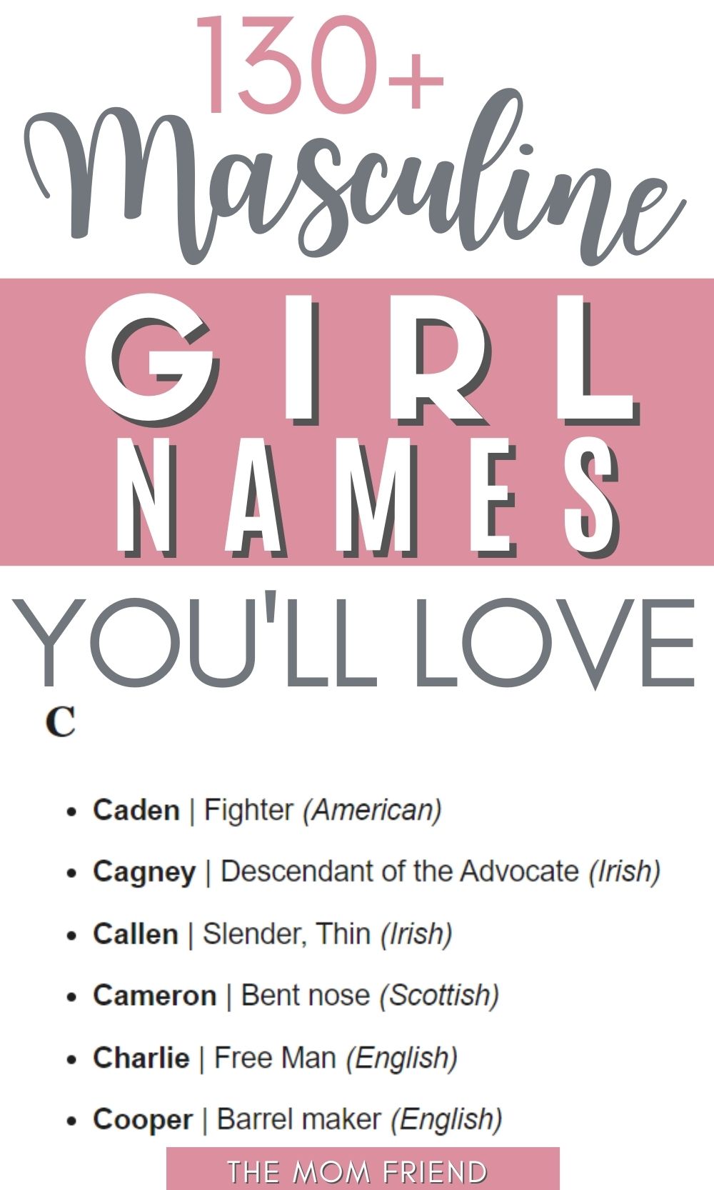 Pinnable image with list of masculine girl names.