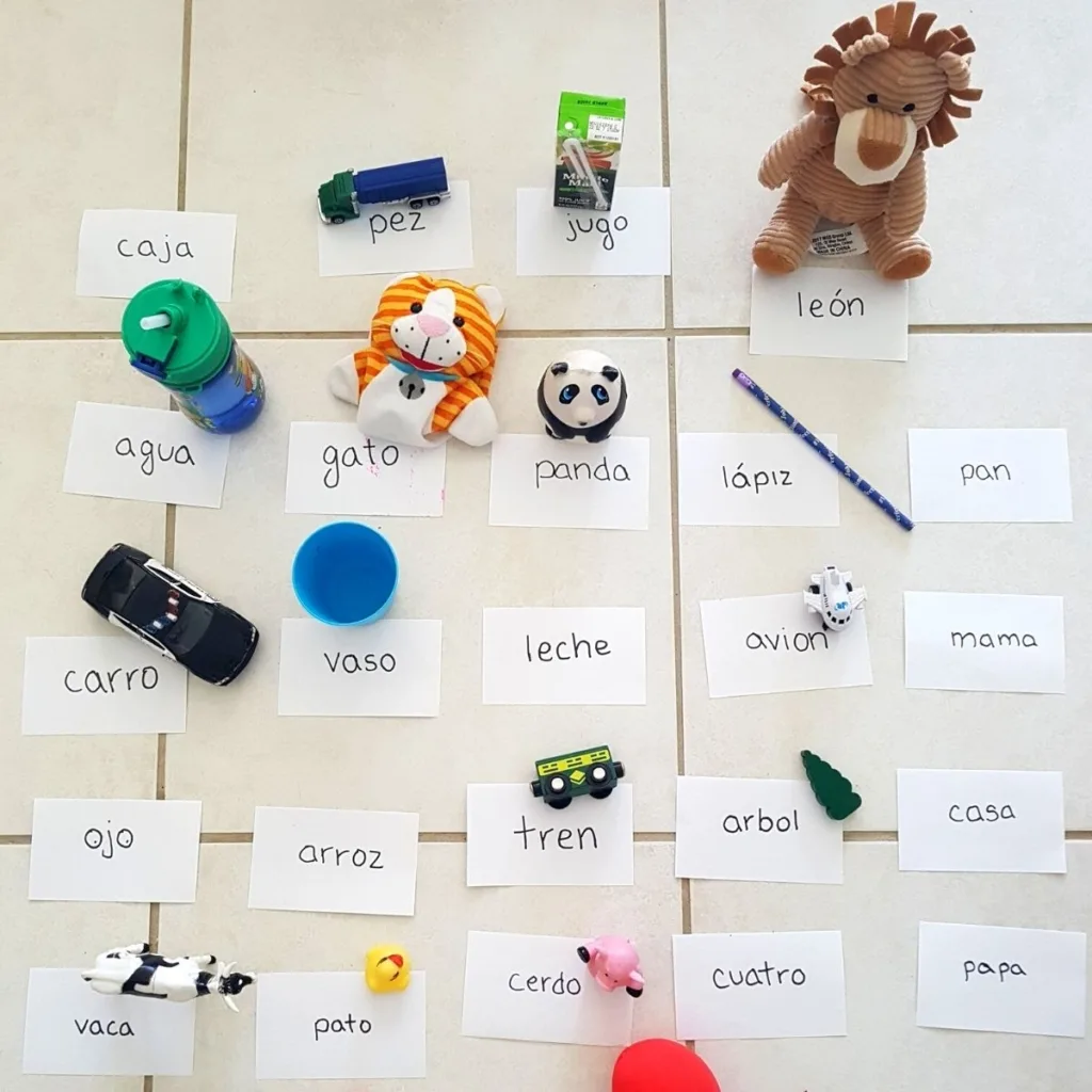 Homemade Spanish flashcards game for preschoolers.