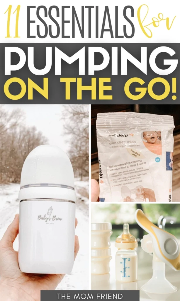 Pinterest graphic with text for "Essentials for Pumping on the Go" and collage of pumping supplies.