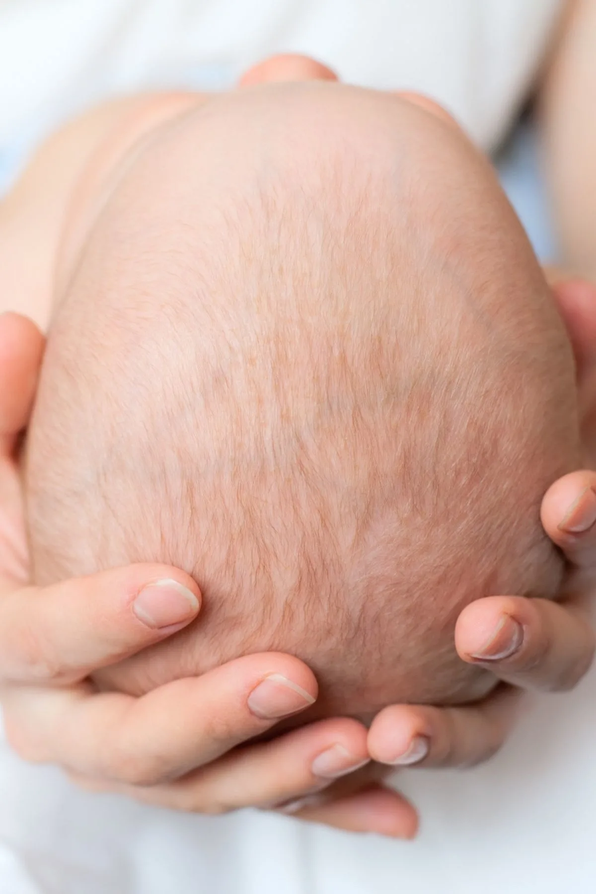 Close up of a newborn baby’s head held towards the camera by his mother.