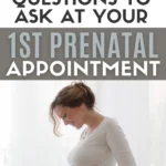 Pinterest graphic with text: questions to ask at your first prenatal appointment and "Questions to Ask at Your First Prenatal Appointment" and image of pregnant woman cradling baby bump.