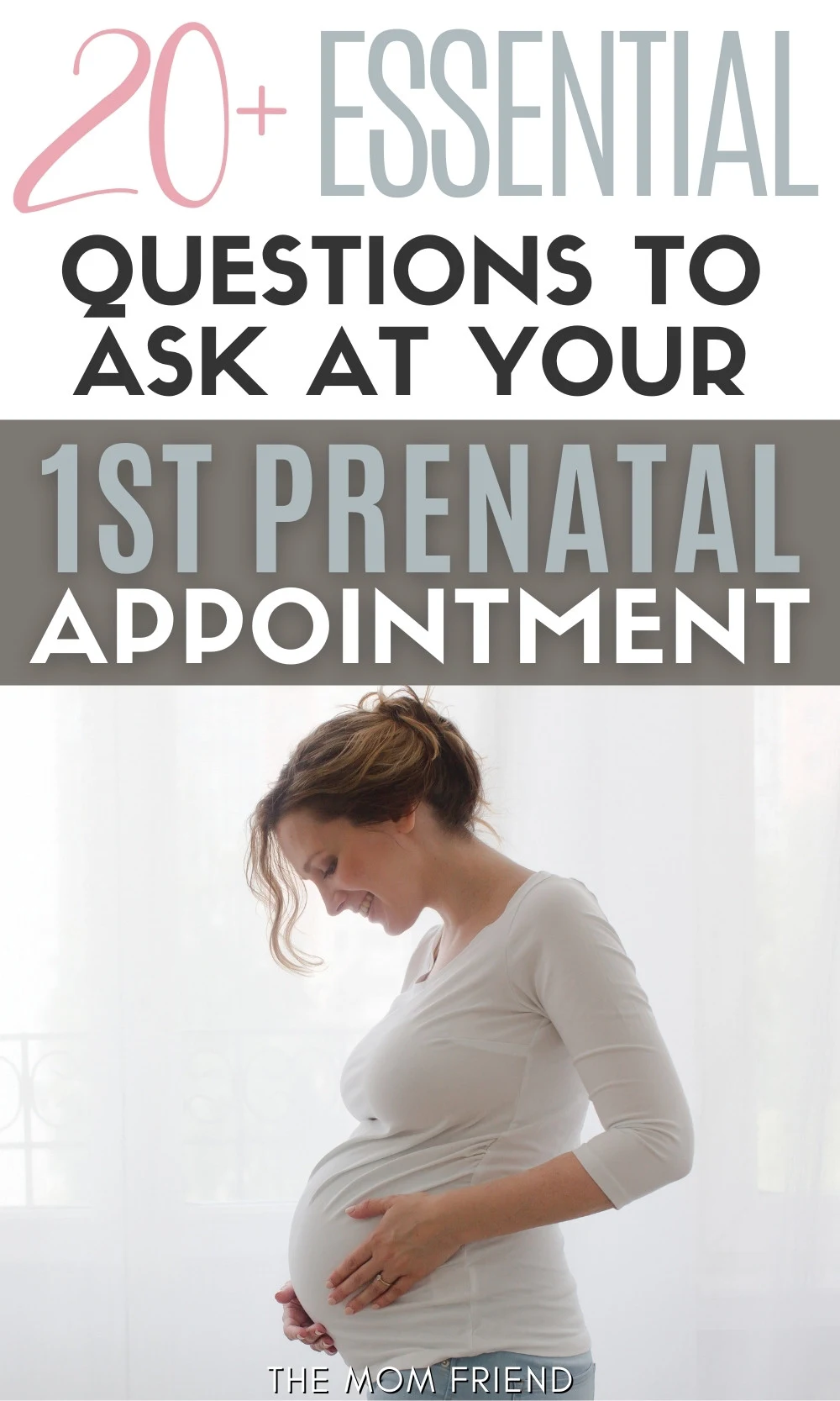 Pinterest graphic with text: questions to ask at your first prenatal appointment and 