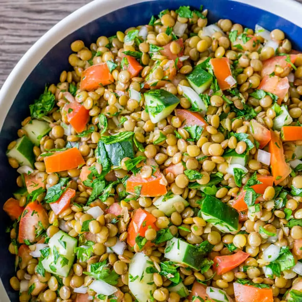 A lentil salad with cucumbers and tomatoes in a large bowl.