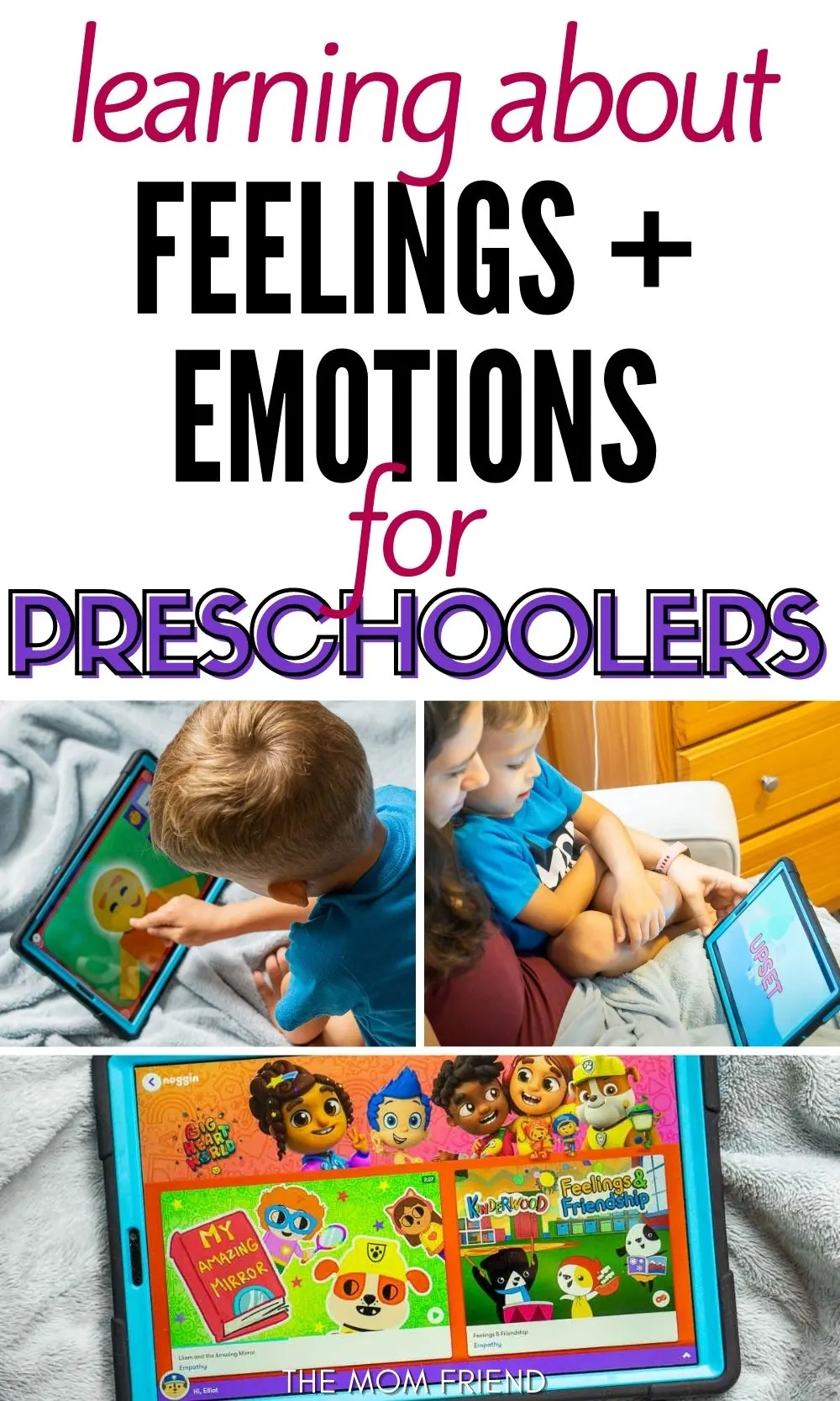 Pinnable image with text: Learning about feelings and emotions for preschoolers.