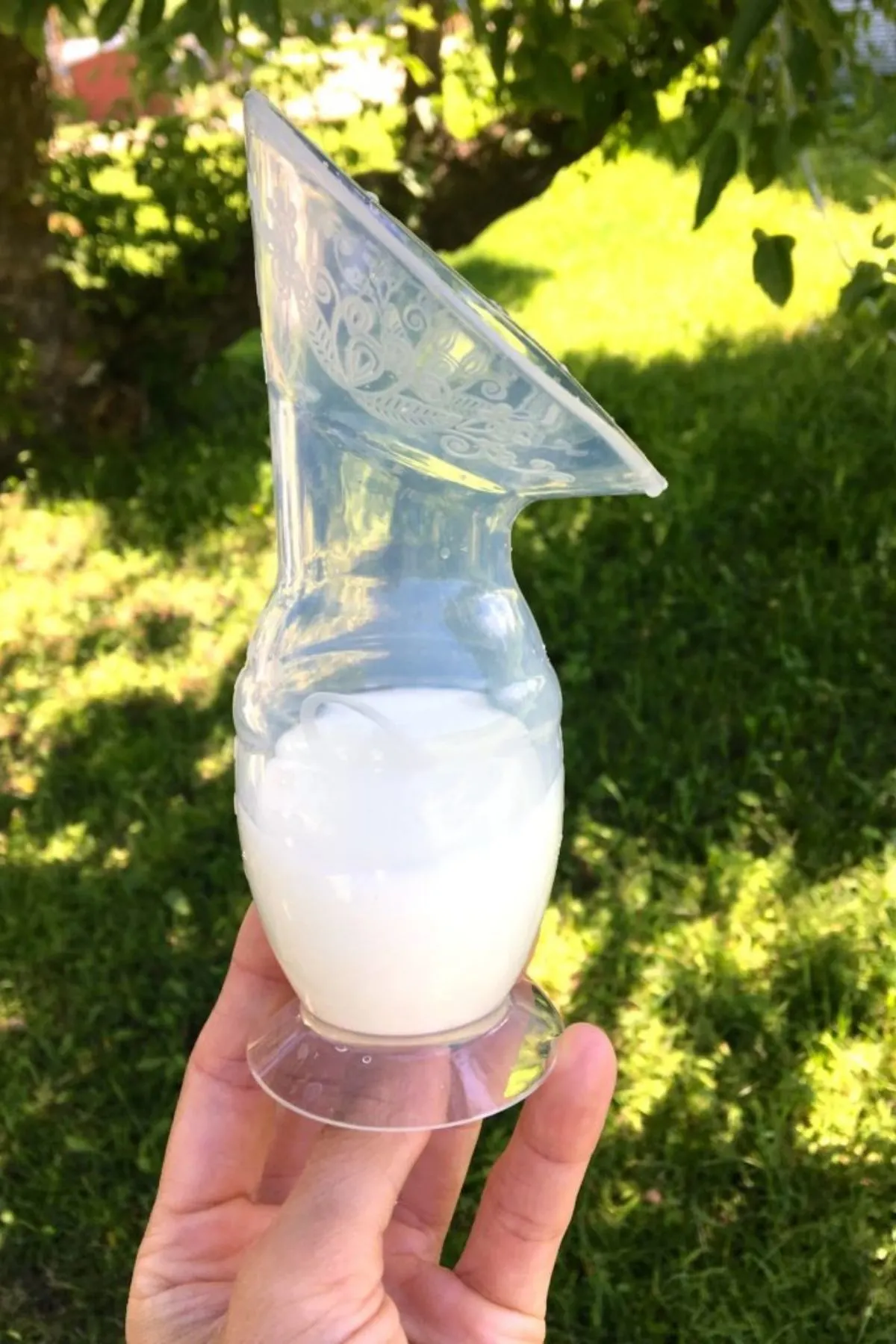 Woman holds up Haakaa breast pump filled with milk in outdoor setting.