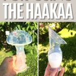 Pinterest graphic with text and woman holding breast milk after using the haakaa breast pump.