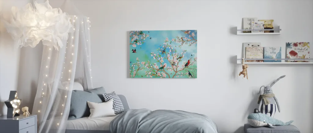 Sakura canvas art on a nursery wall