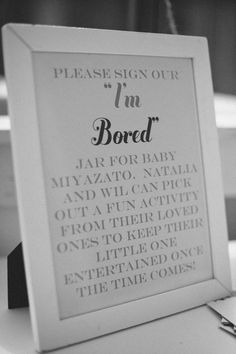 Board with instructions for an "I'm bored" Jar for a boy baby shower