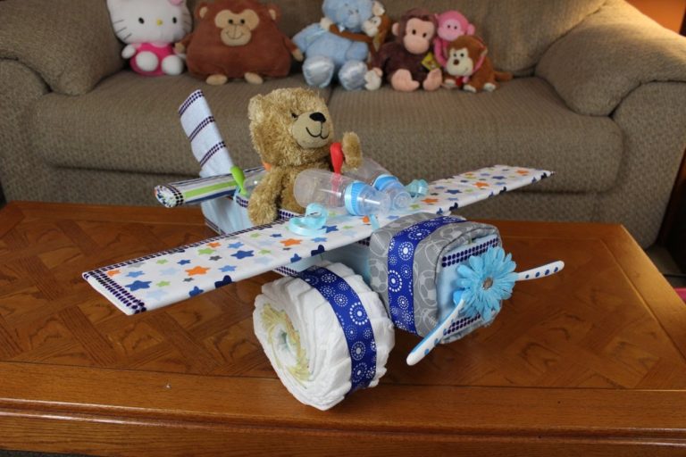 Diapers formed into an airplane for a baby shower
