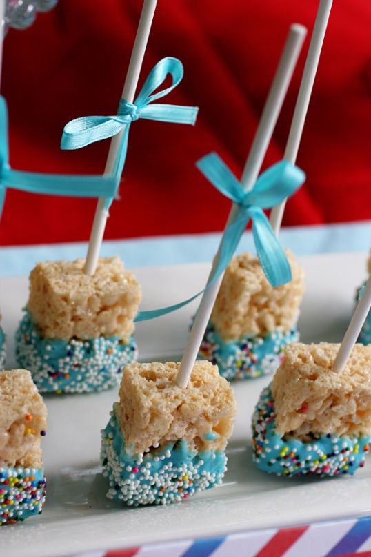 Rice krispies treats dipped in blue for a boy baby shower