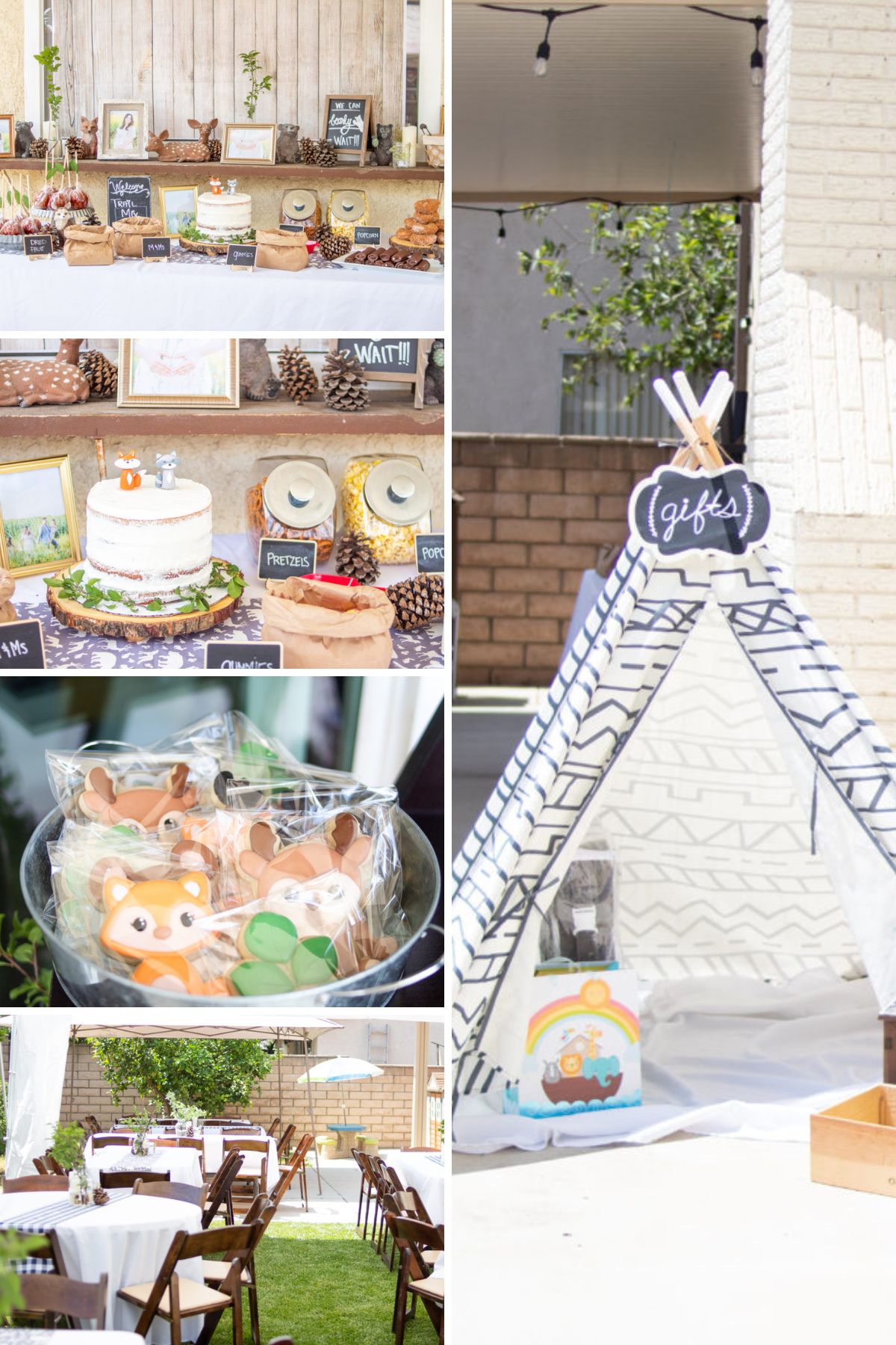 Collage of "We Can Bearly Wait" woodland-themed baby shower ideas, including decor and food.