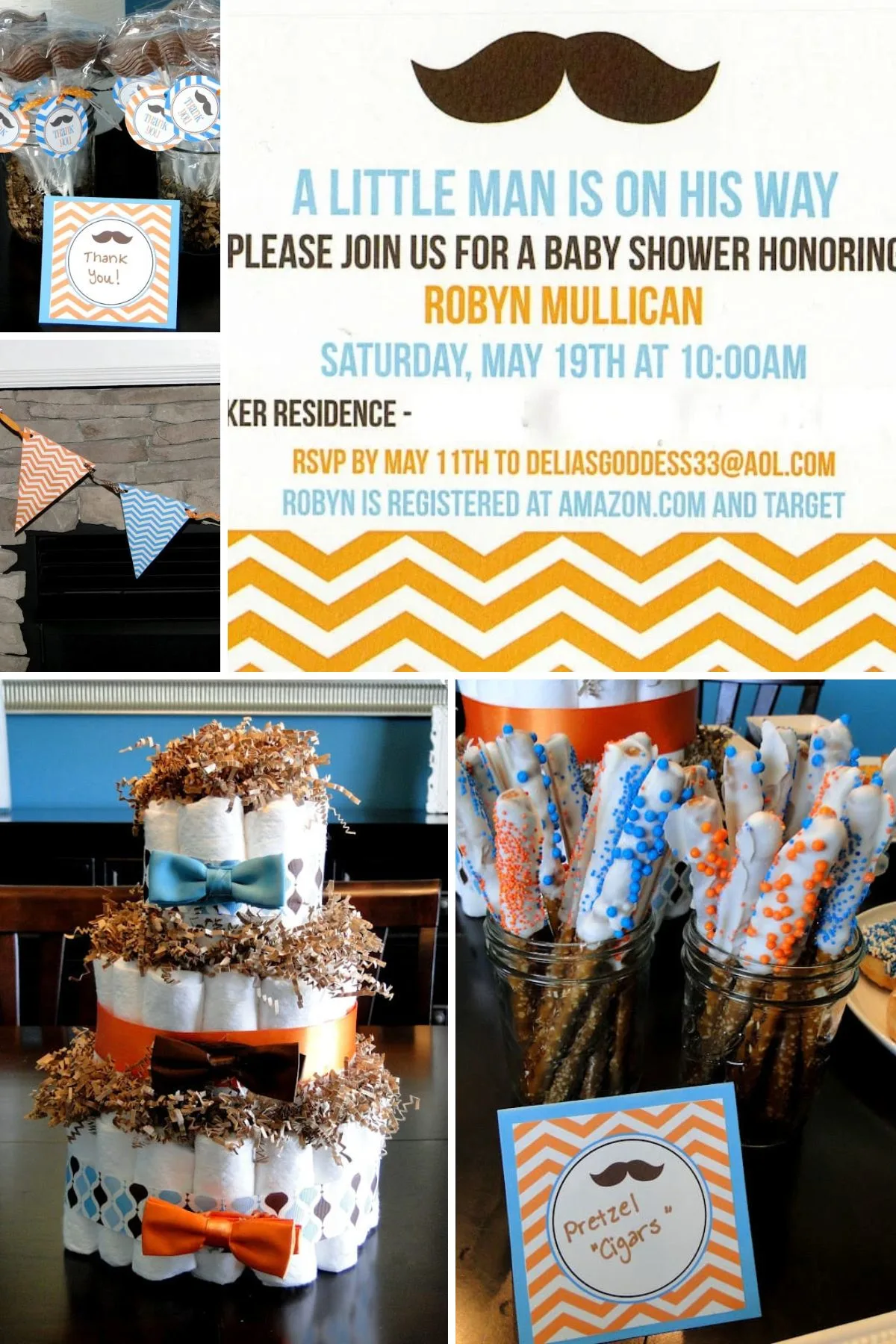 Collage of mustache-themed baby shower ideas with orange and blue decor.