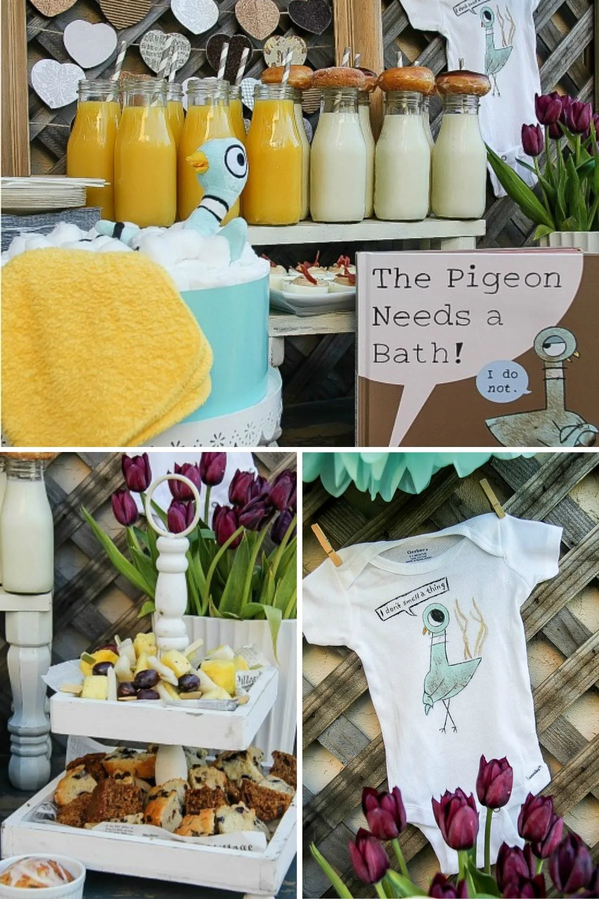 Collage of the "Pigeon Book" baby shower ideas, including food, decor, and activities.