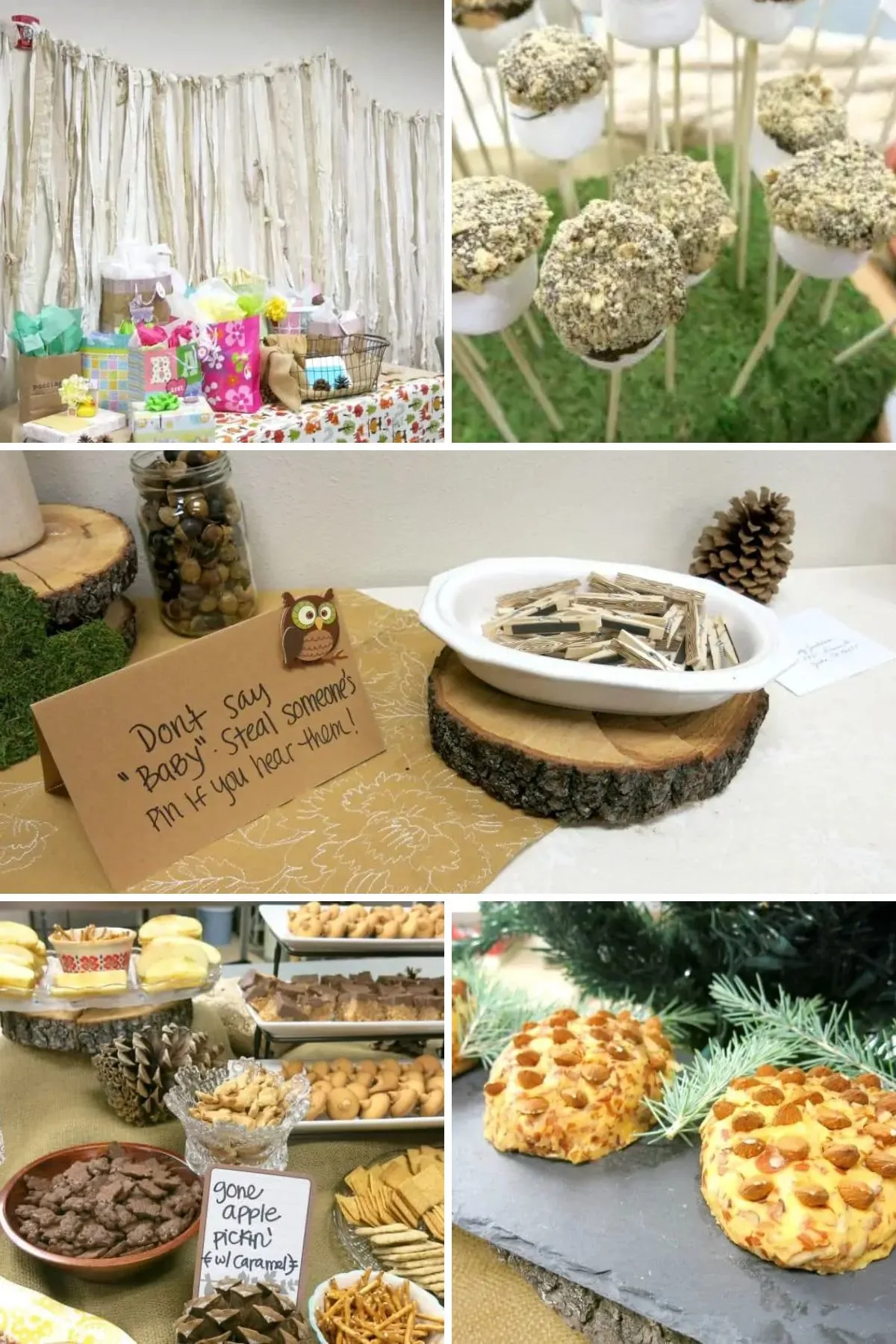 Collage of rustic woodland baby shower ideas, including food and decor.
