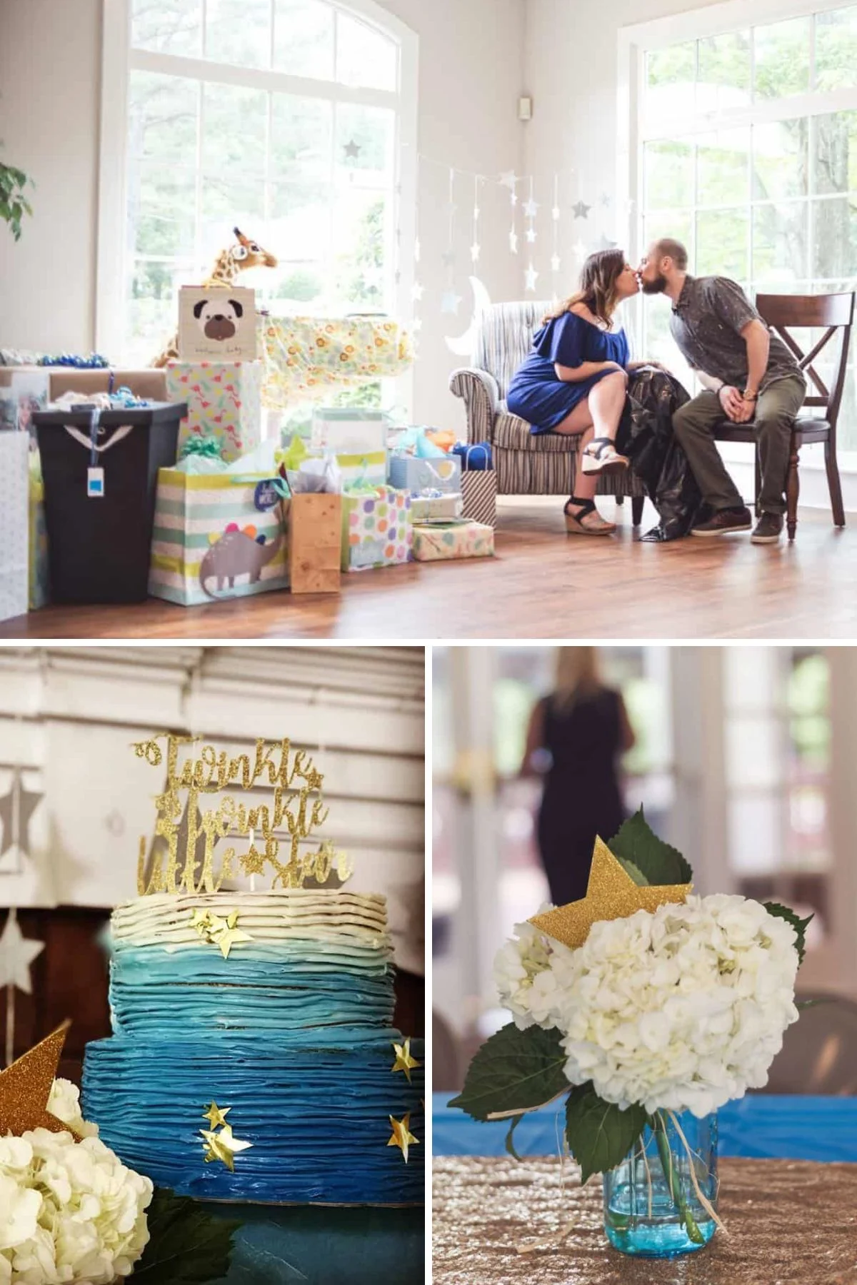 Collage of blue and gold "Twinkle, Twinkle Little Star" boy baby shower ideas, including a cake, and table centerpieces.