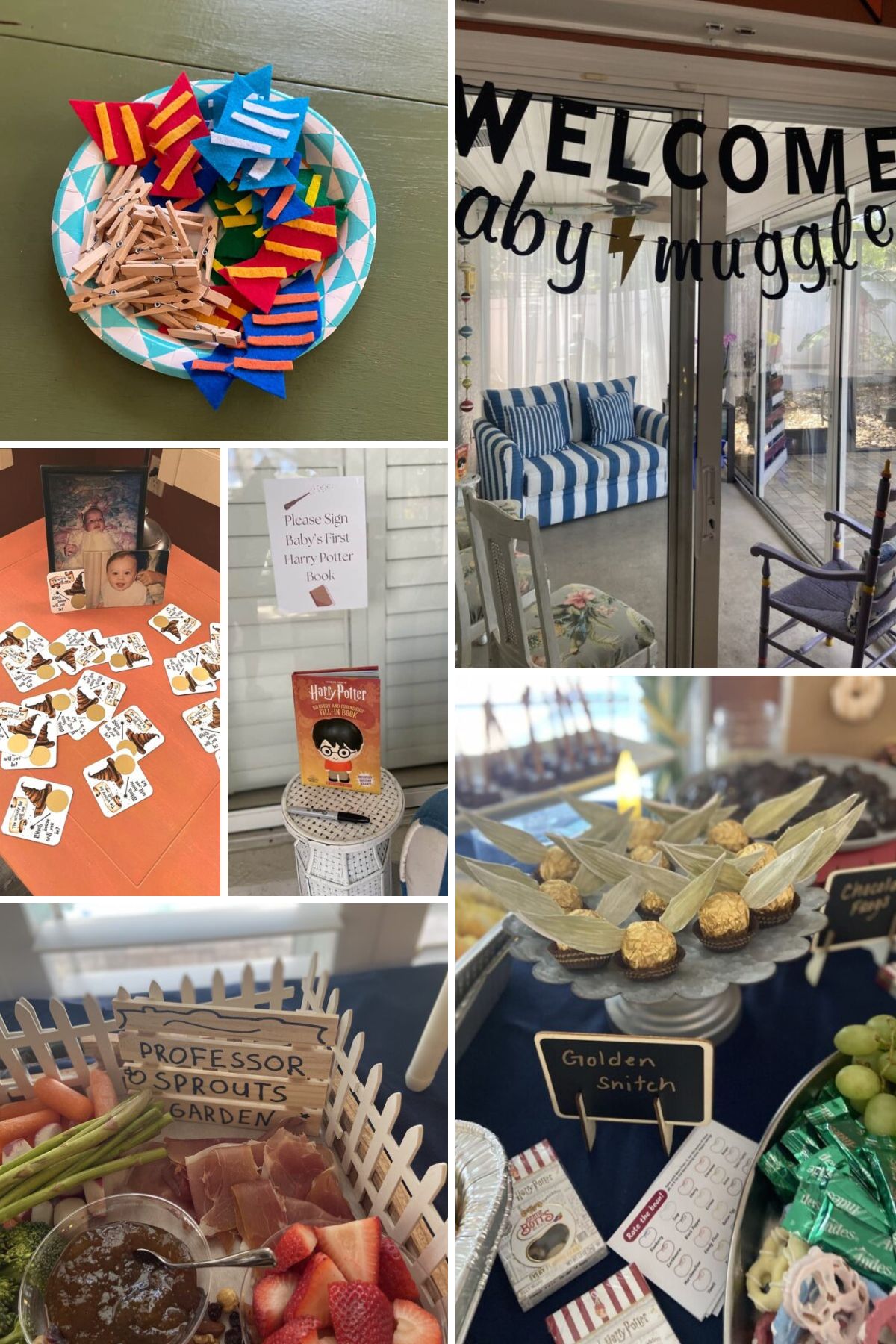Collage of Harry Potter-themed baby shower ideas, including food and decor.