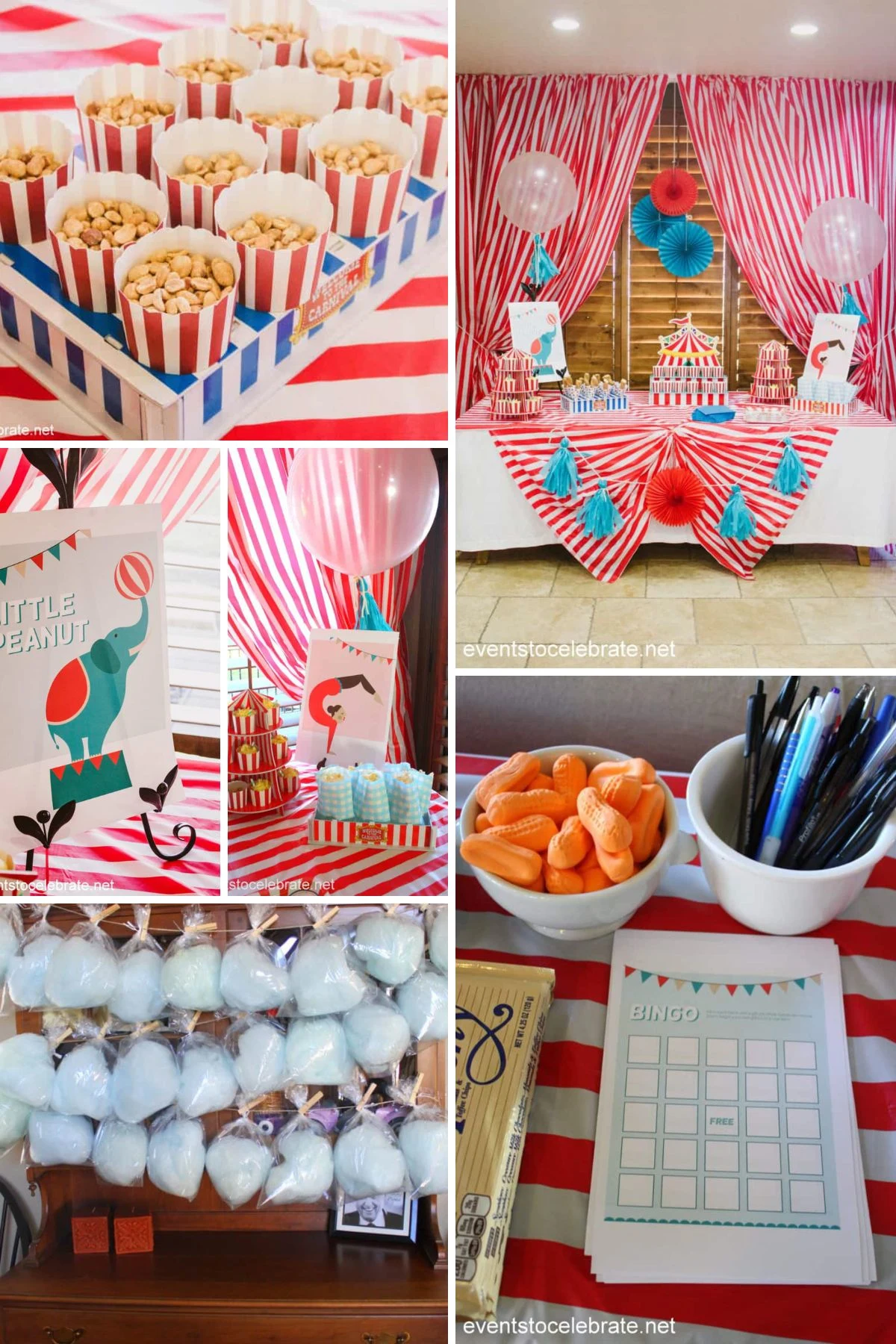 Collage of Circus-themed baby shower ideas, including food and decor.