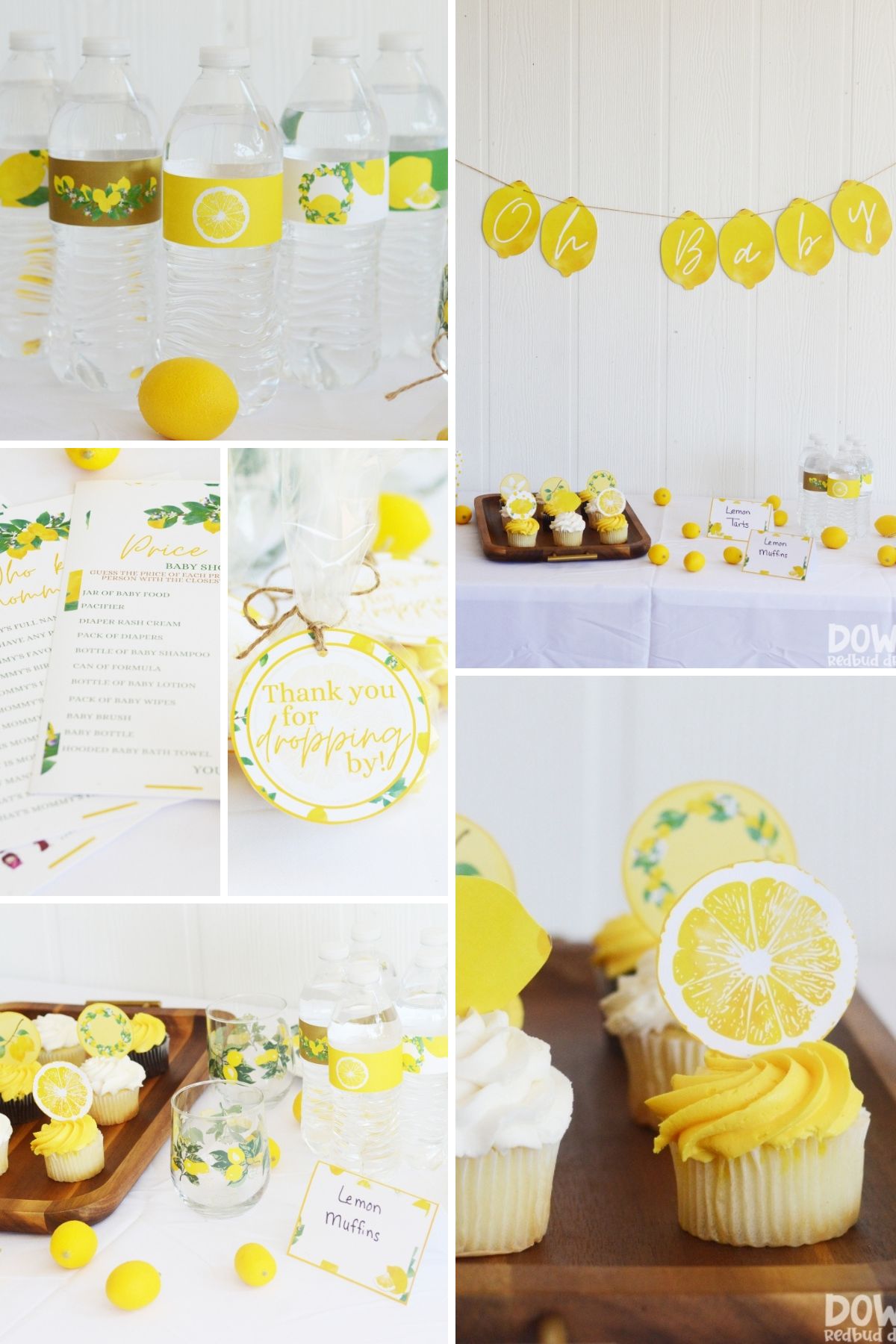 Collage of lemon-themed baby shower ideas, including decor, food, and games.