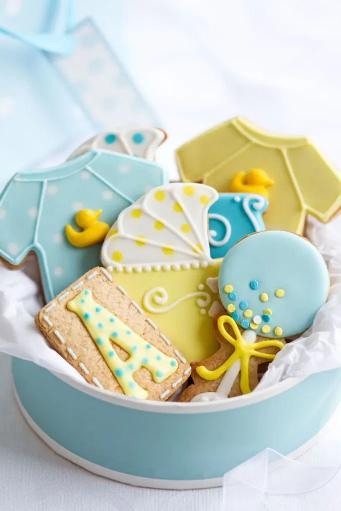 Custom boy baby shower cookies in blue and yellow.