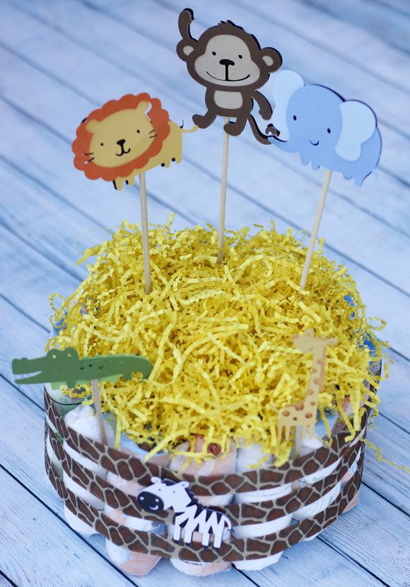 Diaper Genie animal-themed baby shower diaper cake.