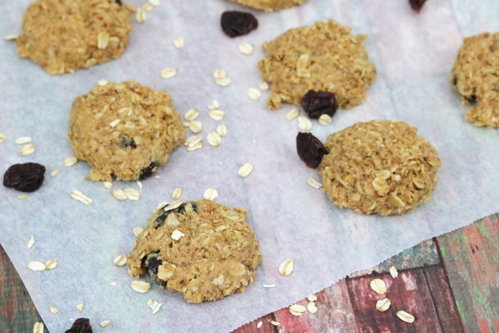 No bake lactation cookies with oatmeal and raisins on white parchment paper.