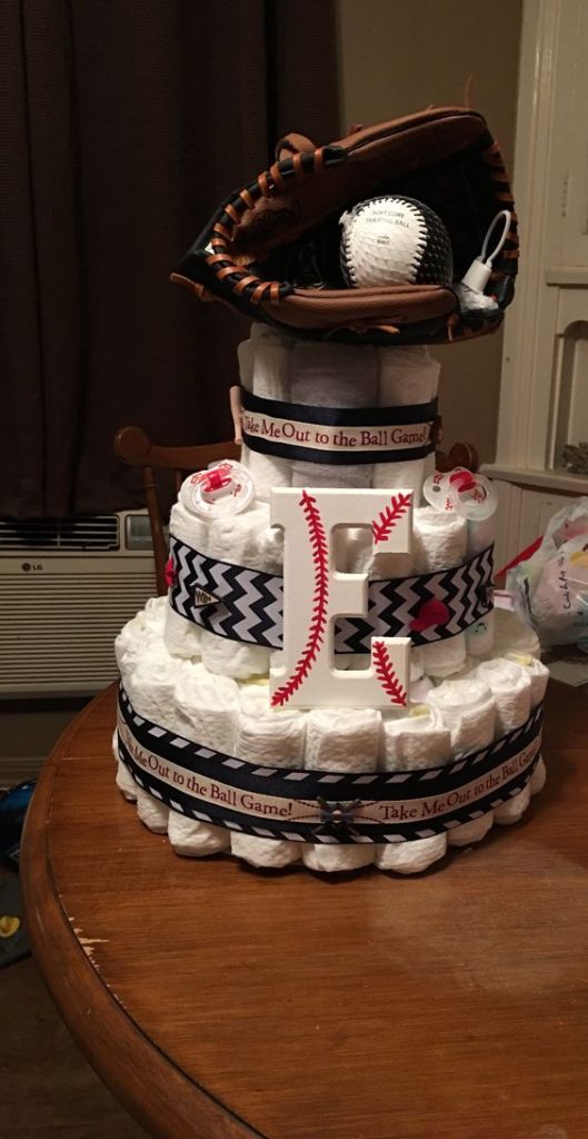 3 Tier Diaper Cake Red & White Pinstripe Baseball Baby Shower Gift Centerpiece 