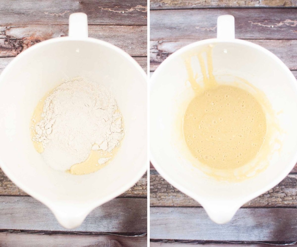 2 pictures showing how to make cake batter