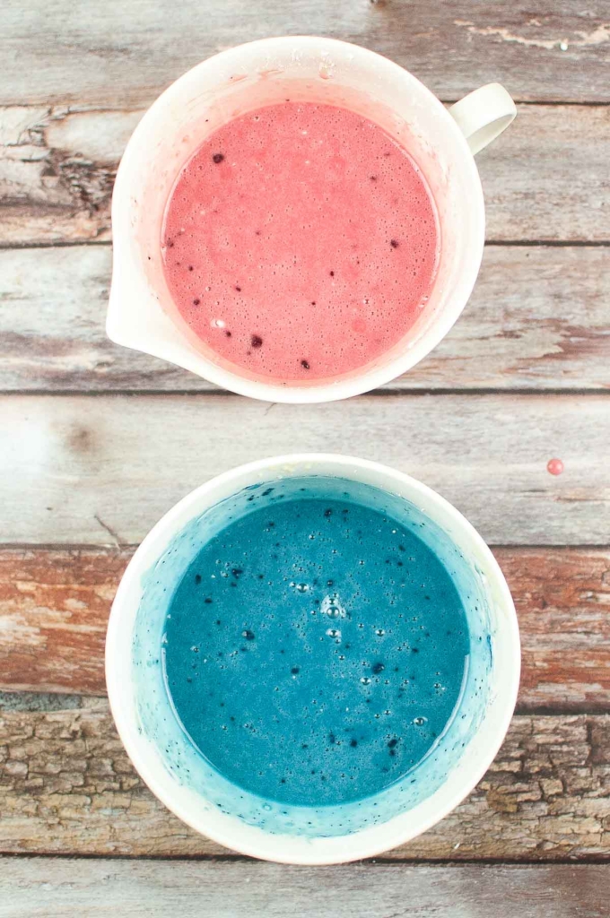Pink and blue batter in 2 bowls