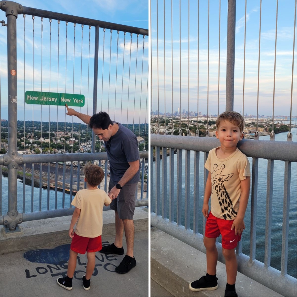 Collage of 2 pictures of the top of Bayonne Bridge walk